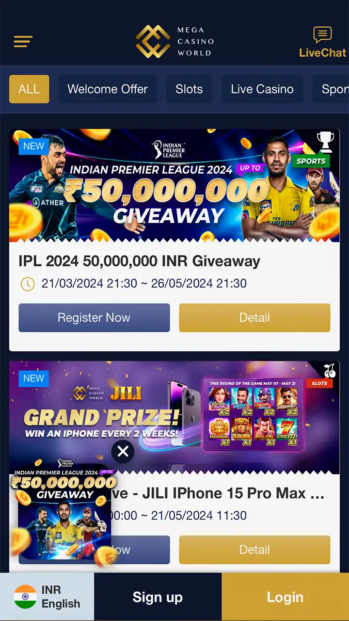 In your mobile browser, navigate to the Mega Casino World page.