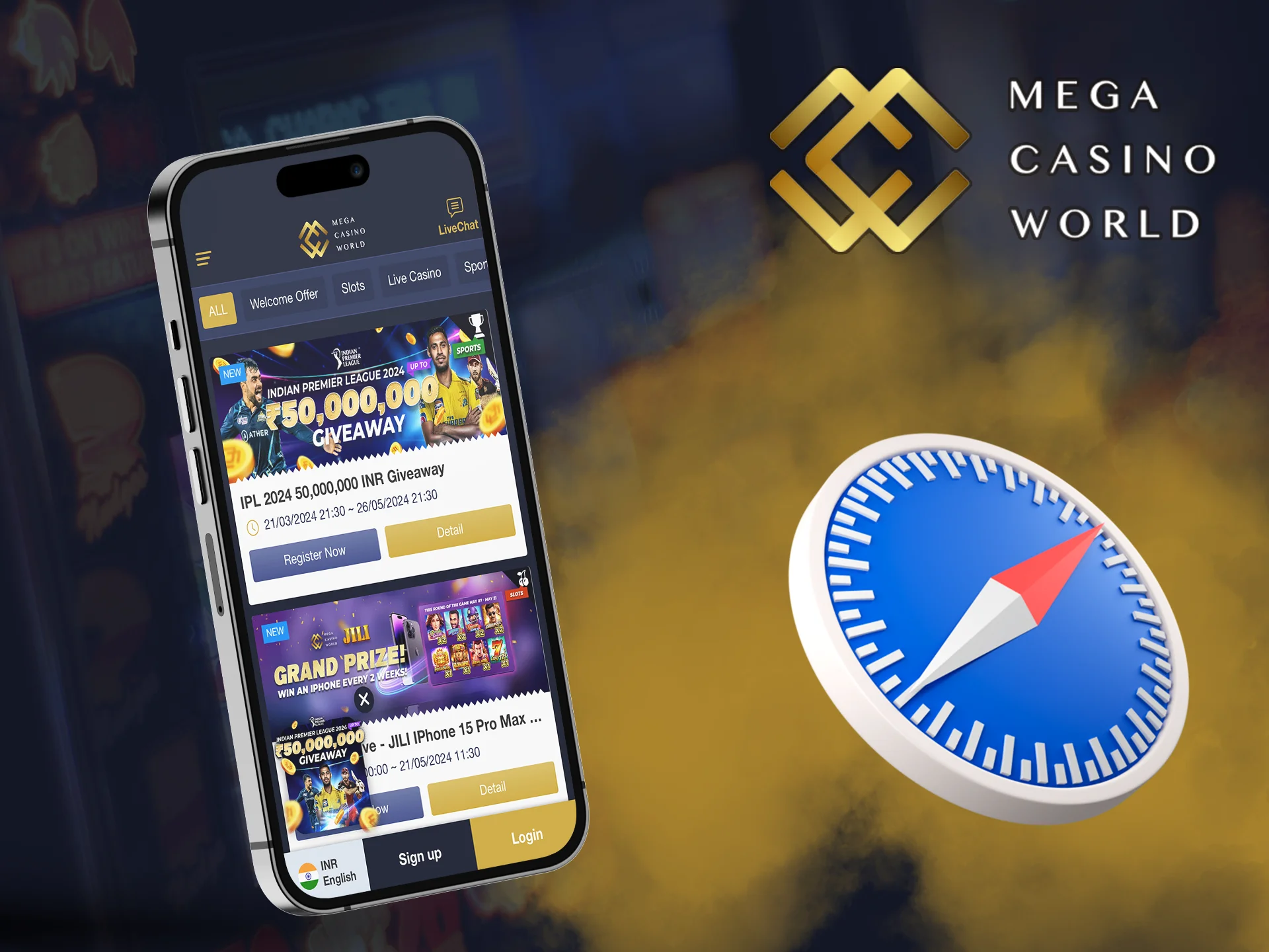 You can place your favorite bets at Mega Casino World in your phone's browser.