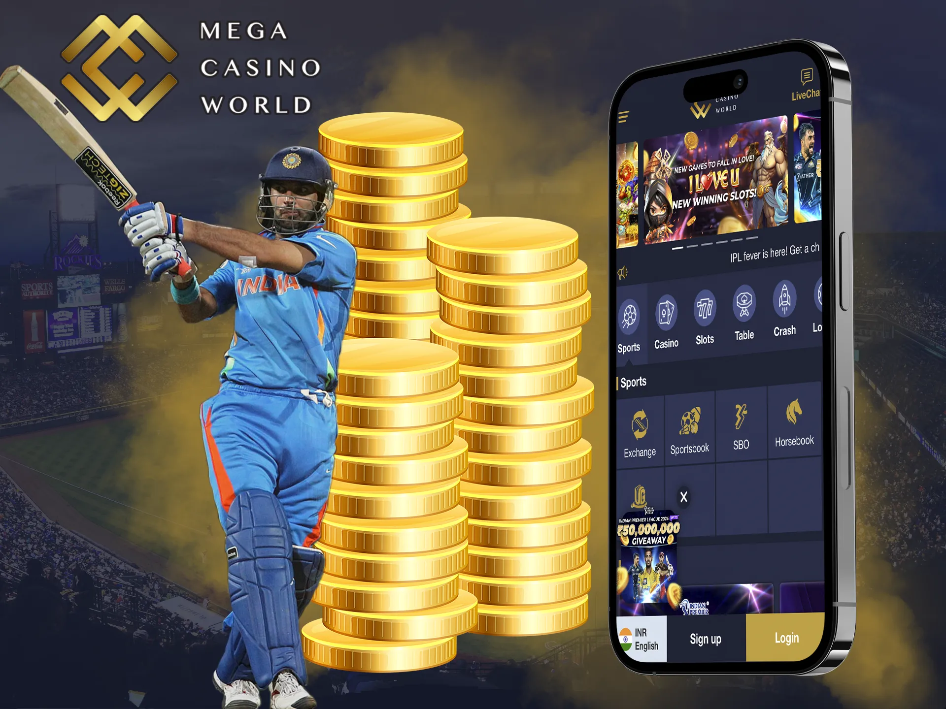 You can place cricket bets anywhere you like on the Mega Casino World app.
