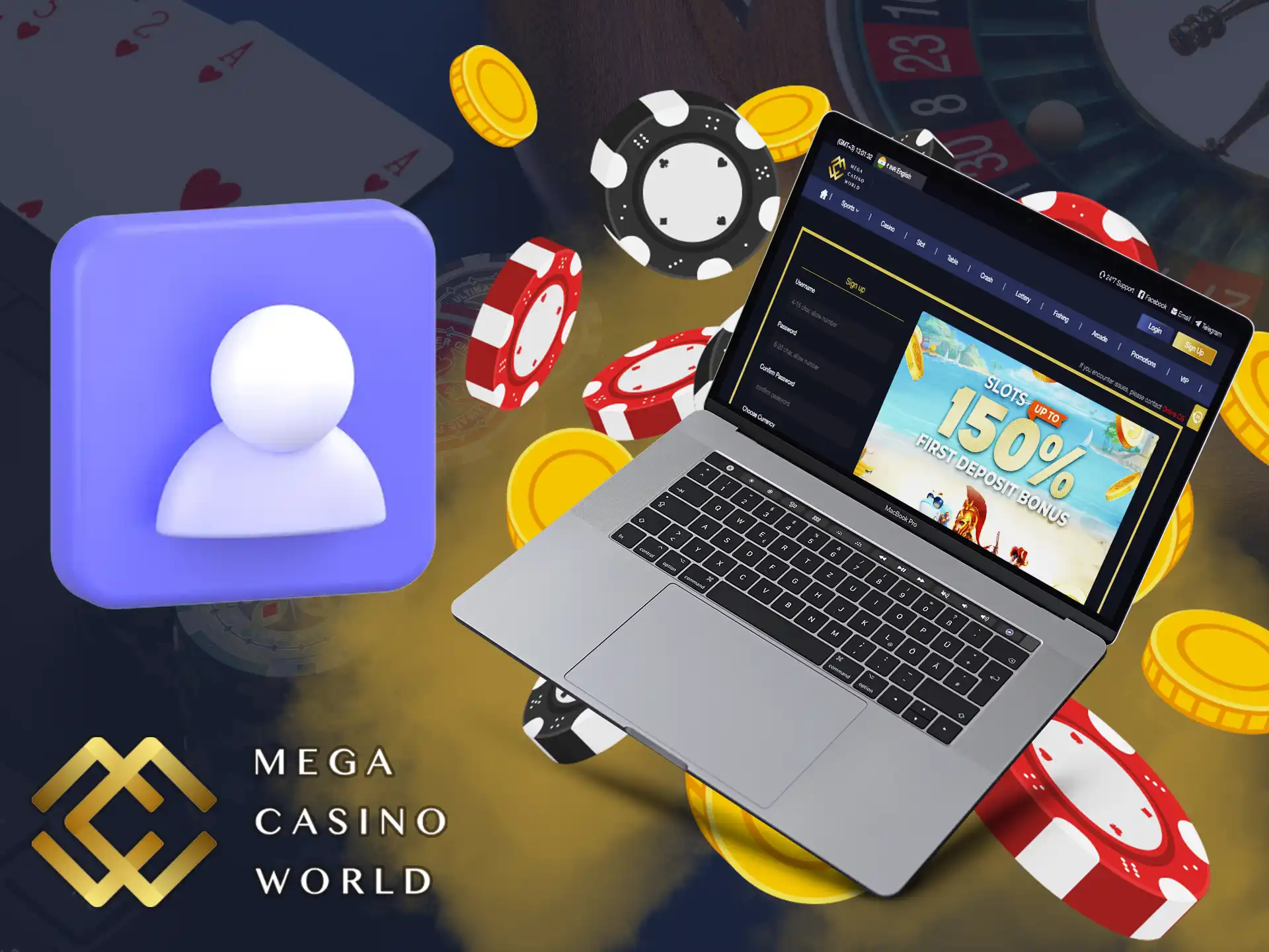 To start the process of playing, you need register account on the Mega Casino World.