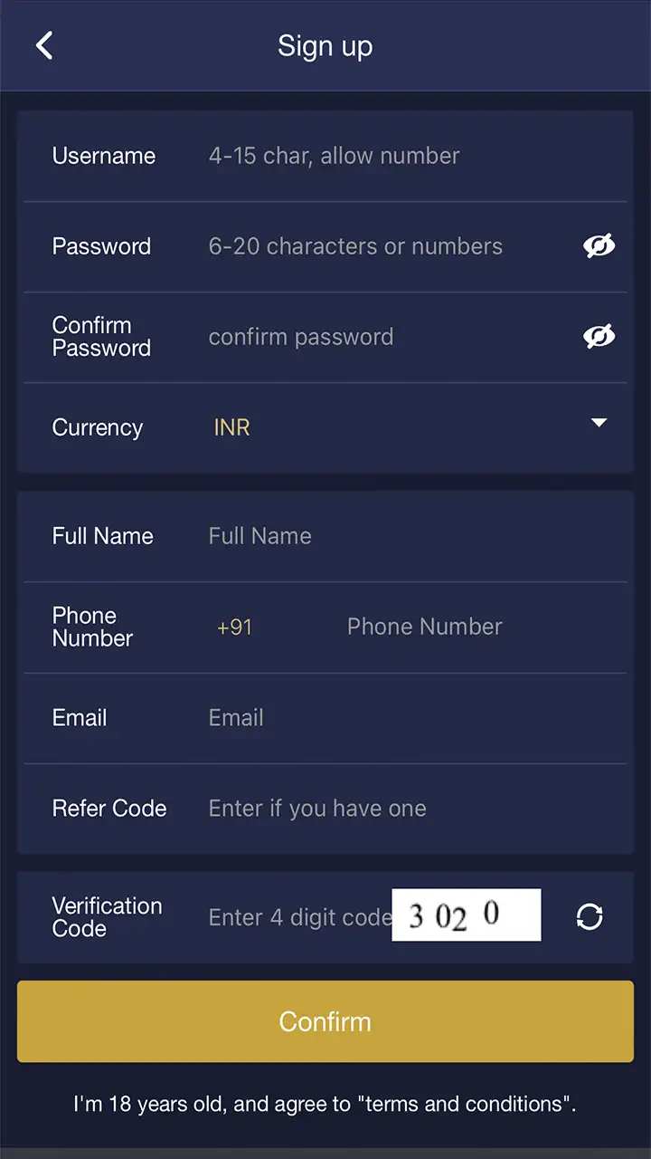 Click on the button that will start registration at Mega Casino World.
