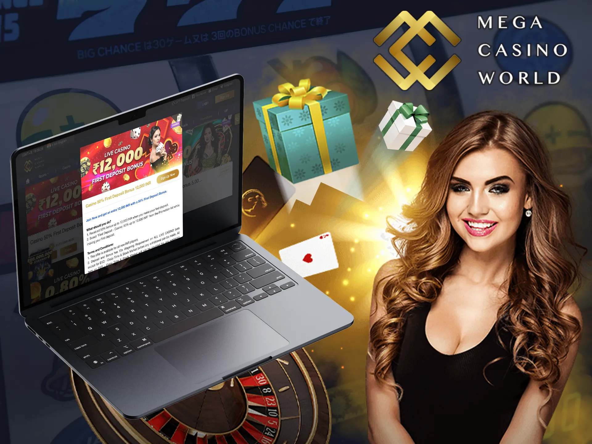 To play with a live dealer you will be given a bonus in Mega Casino World.