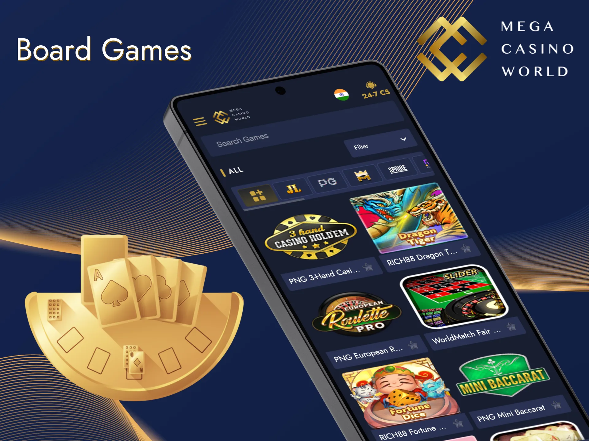 Popular tabletop games are waiting for you in the Mega Casino World app.