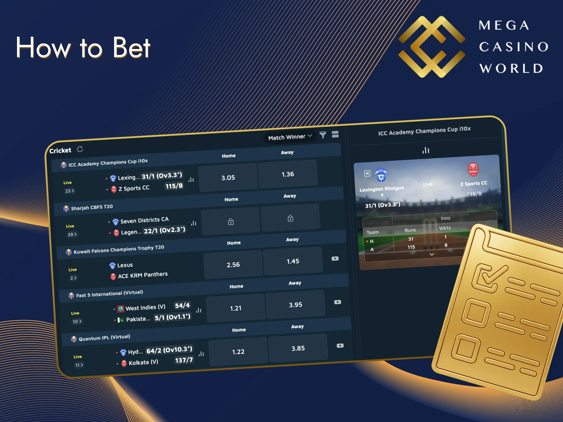 Read the our guide on how to get started betting on cricket at Mega Casino World.