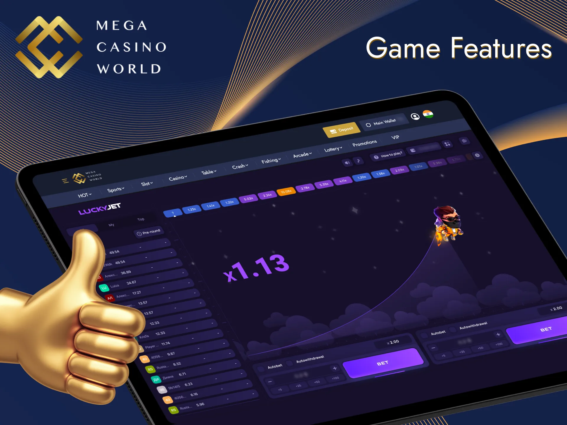 Play the iconic crash game on the Mega Casino World platform.