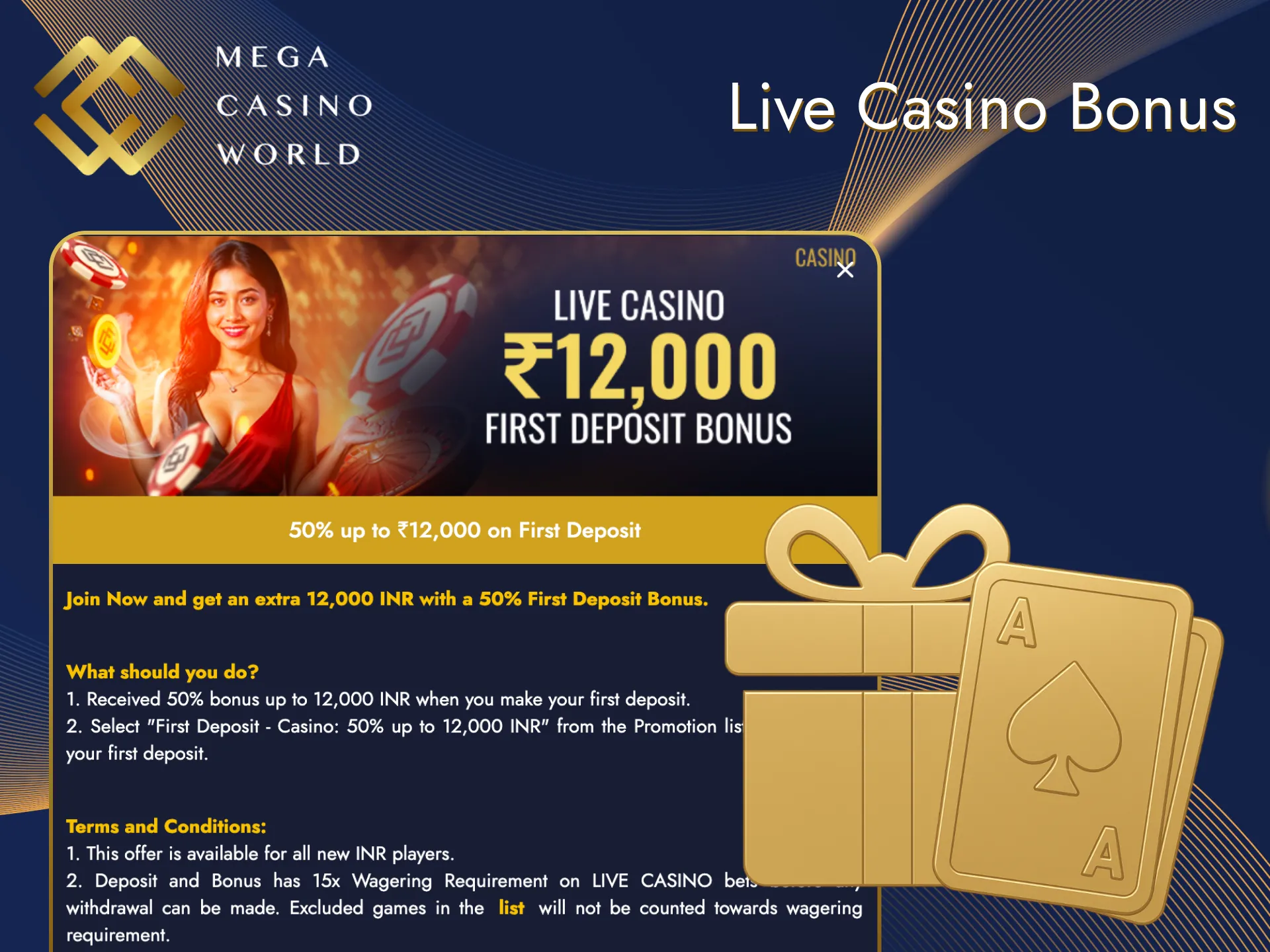 Interact with the live dealer while earning various bonuses at Mega Casino World.