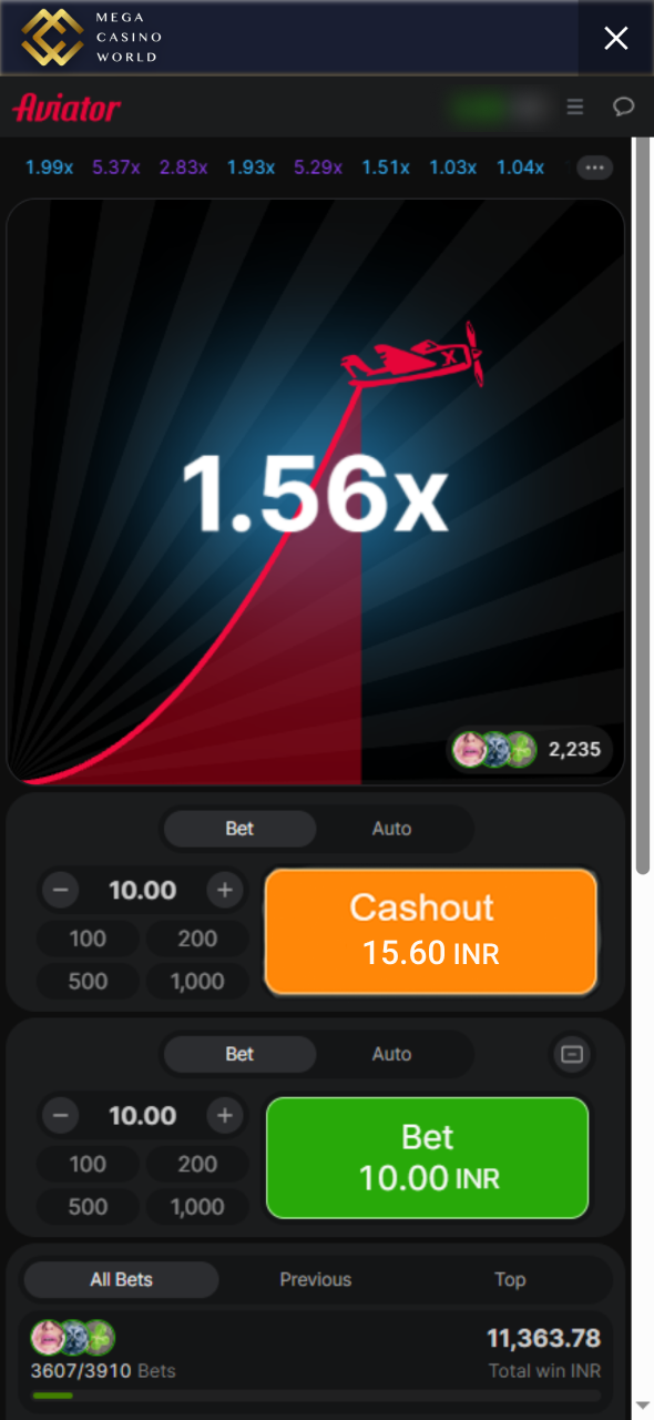 Use cashout option to get your winnings before plane fly away at Mega Casino World crash games.