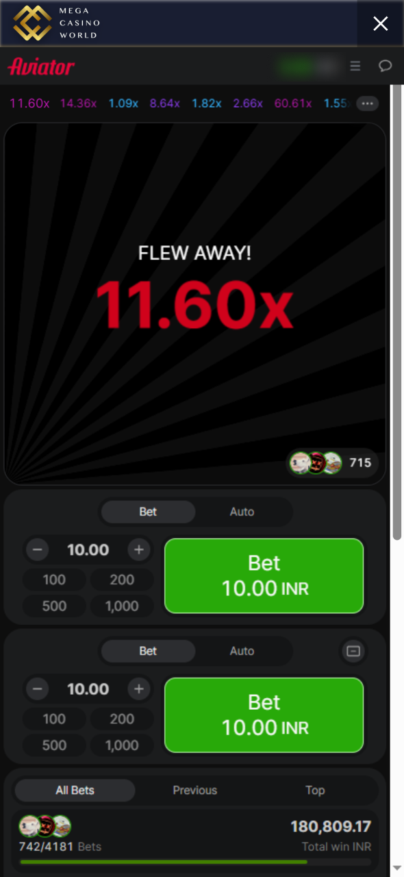 Cashout or bet before plane fly away at Mega Casino World crash game Aviator.