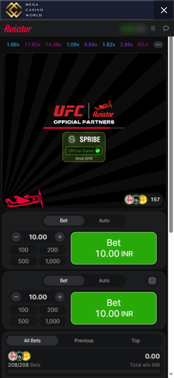 Starting screen of Aviator game at Mega Casino World.