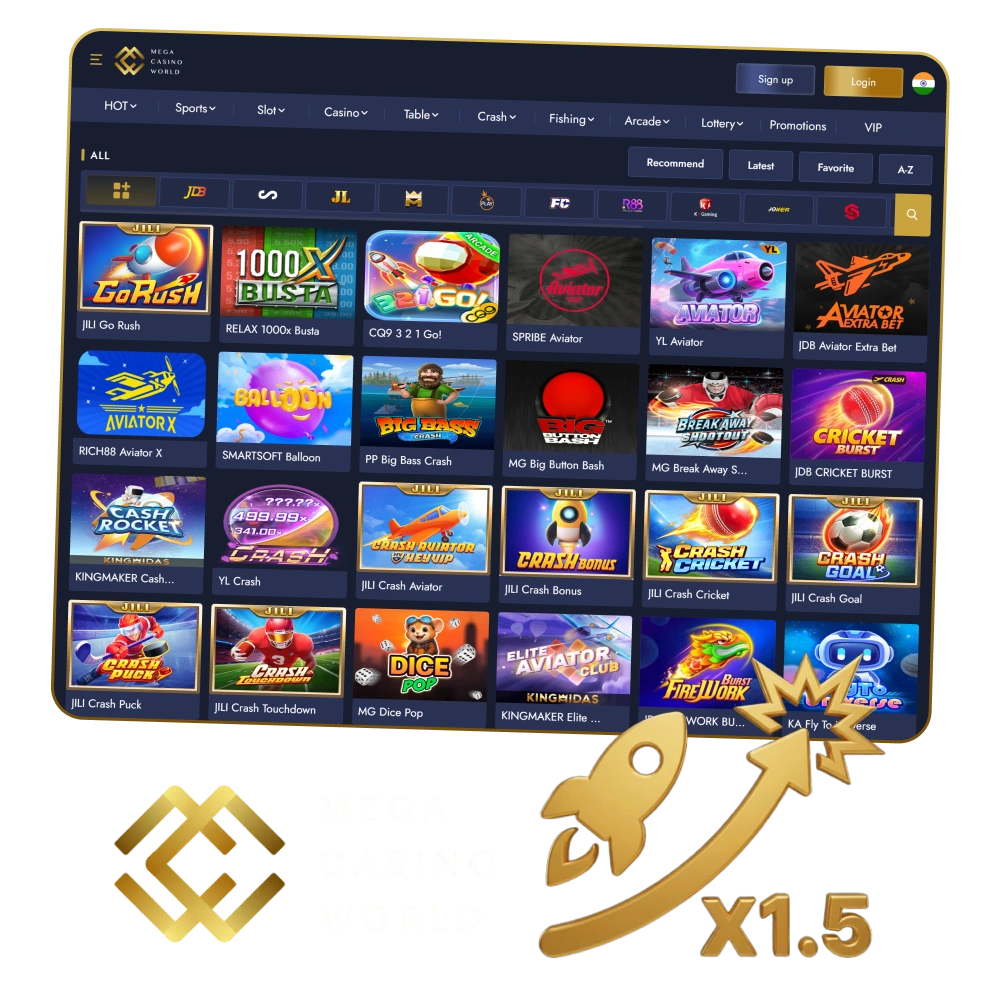 Play Mega Casino World crash games and win fast.