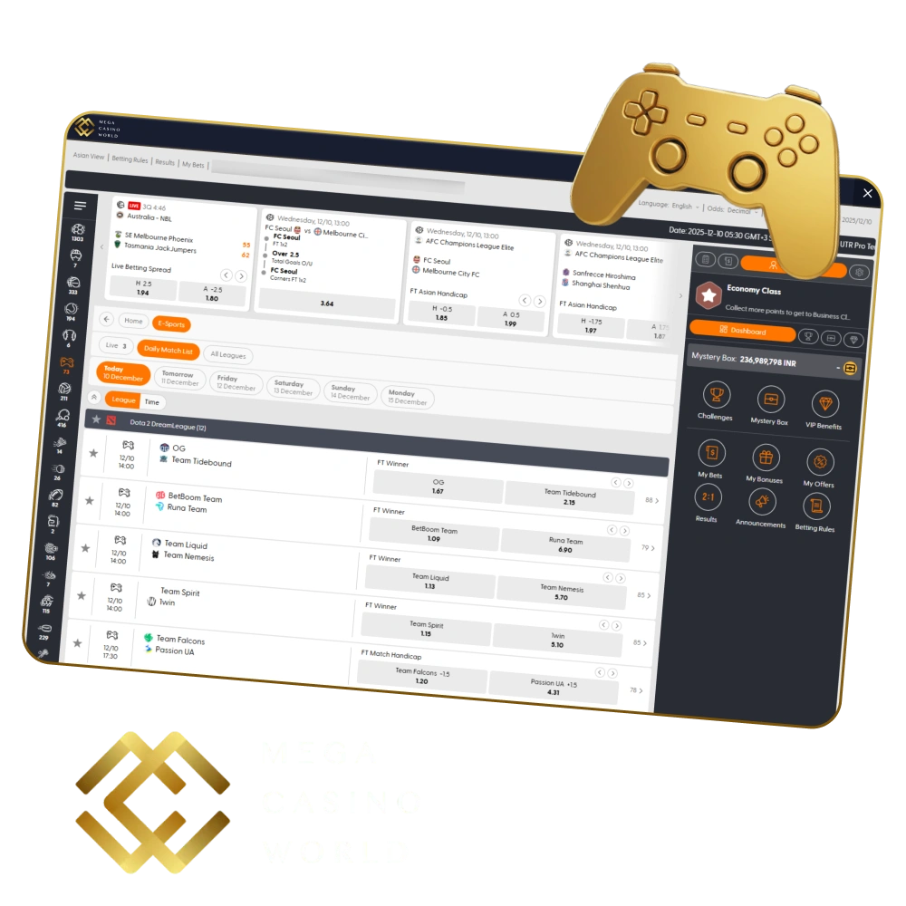 Follow esports tournaments with Mega Casino World esports betting.