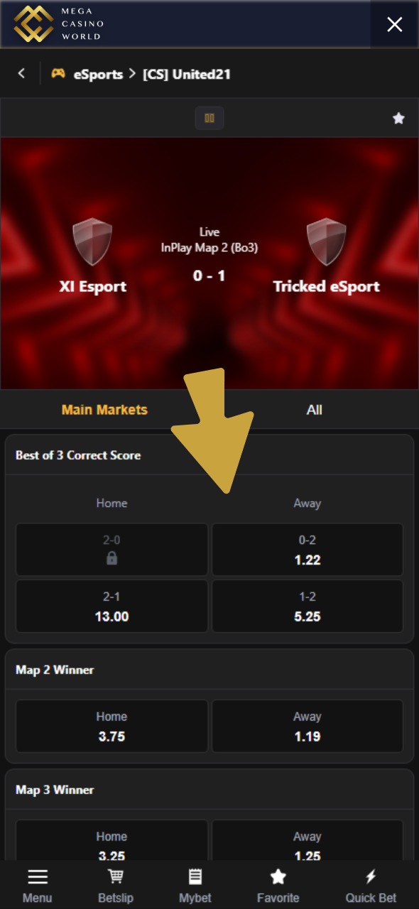 Find market and place your bet on favourite esports team at Mega Casino World.