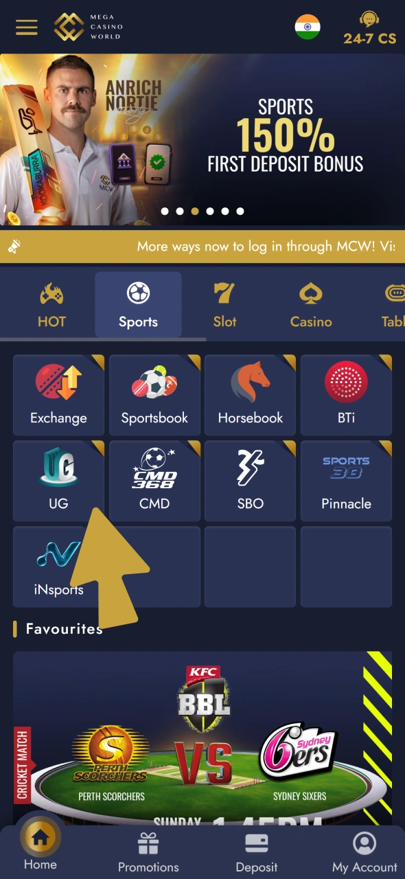 Select sport provider at Mega Casino World for esports betting.