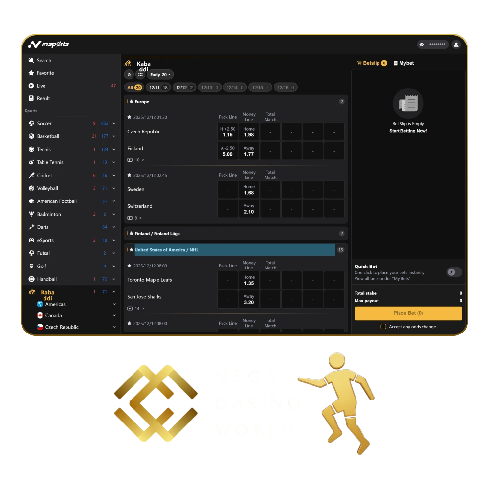 Bet on your favourite kabaddi teams at Mega Casino World sports.