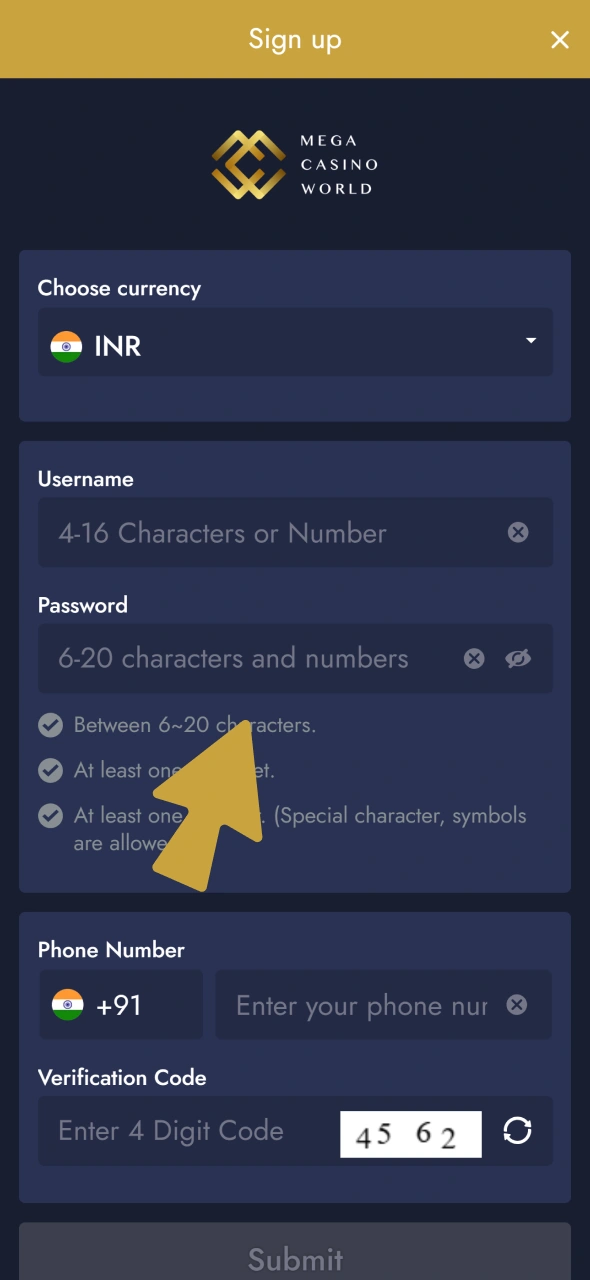 Create a Mega Casino World account to start betting.