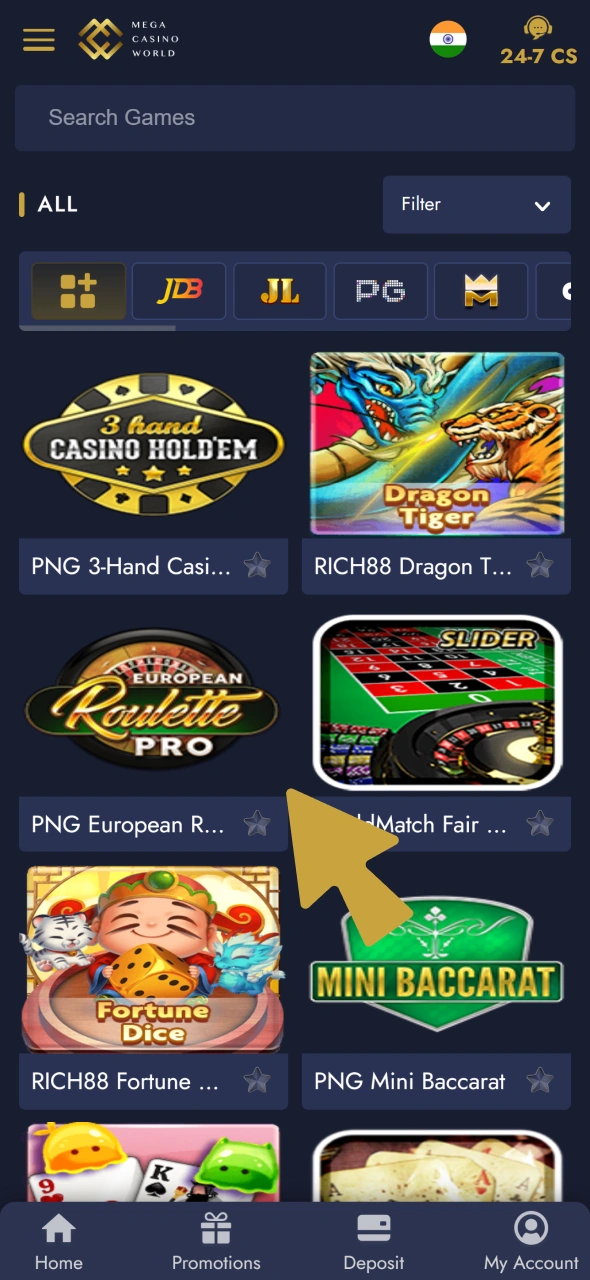 Find table game you want to play and launch on it at Mega Casino World.