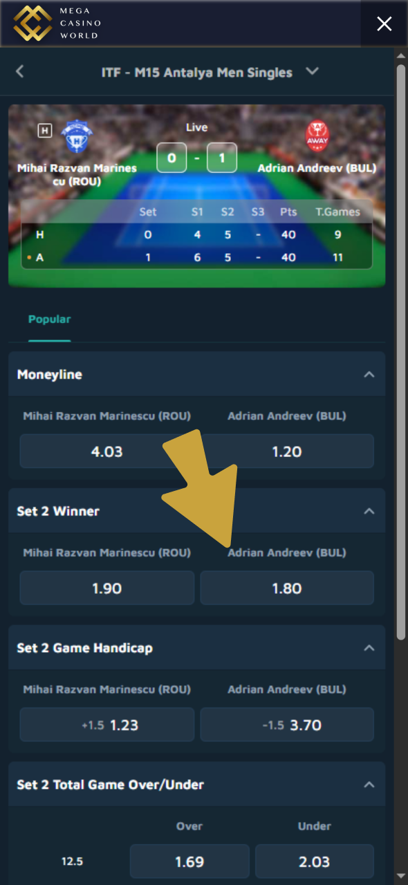 Click on coefficient to place your bet at Mega Casino World.
